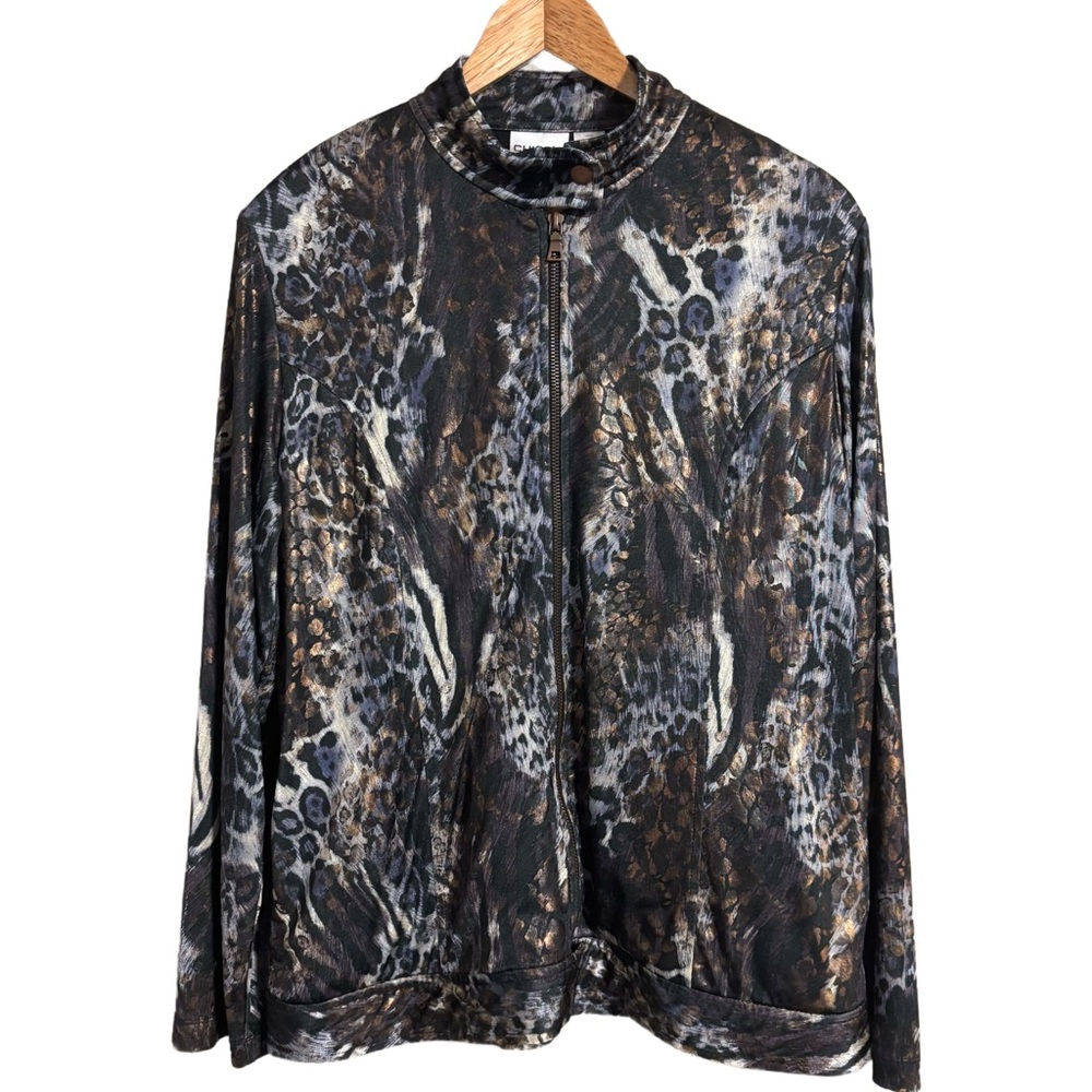 Chico's Woman's Colorful Animal Print Zip up, Lined, Pockets, Sz 2 or L